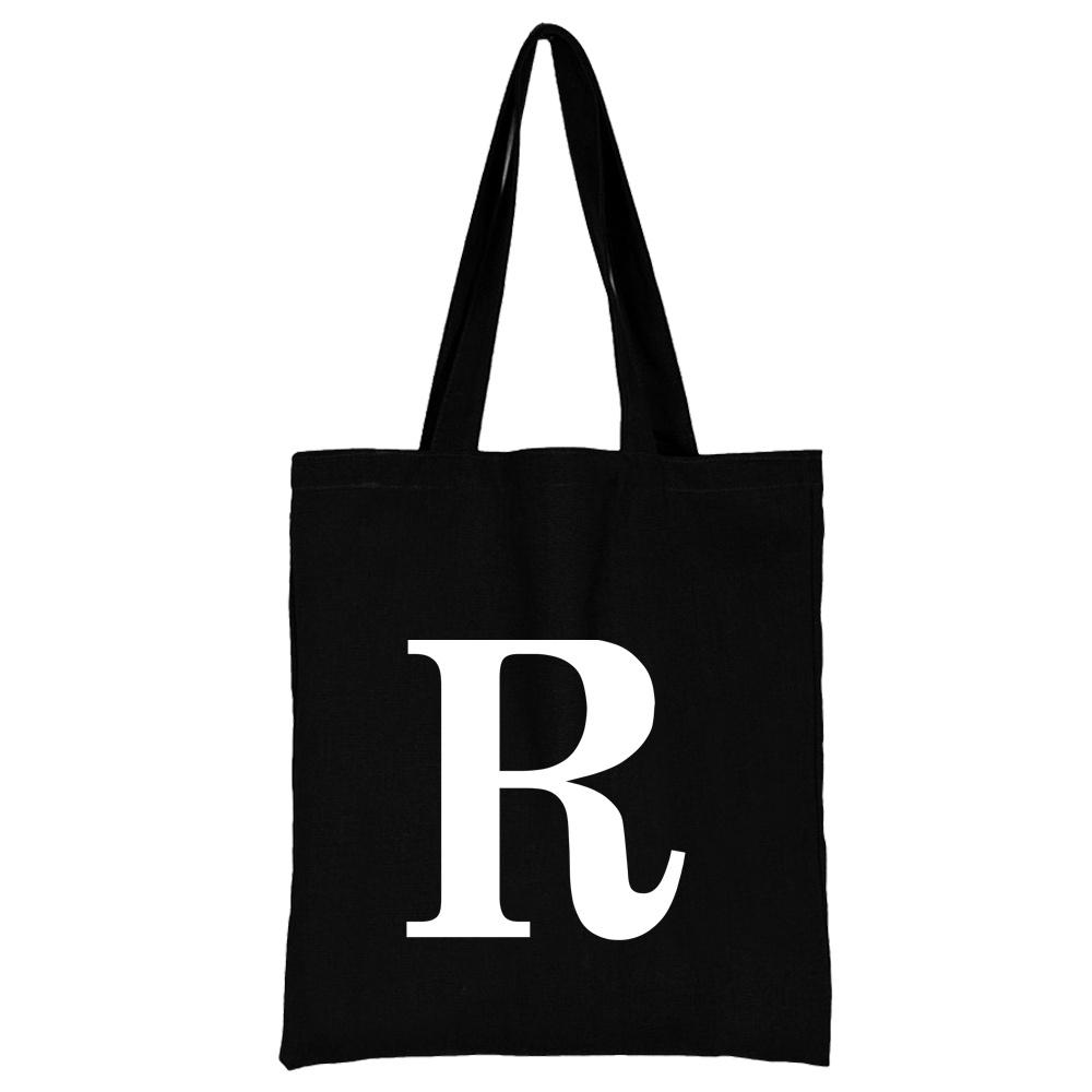 Women's Black Shopping Bag Casual Large-capacity White Letters Initial Name Pattern Printing Series Canvas Shoulder Bag Reusable