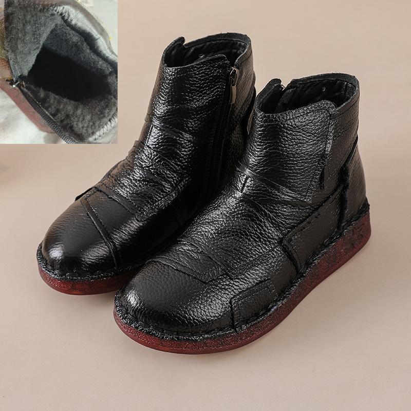 

Johnature Mixed Colors Genuine Leather Women s Short Boots Ethnic Style Warm Comfortable Flat Cotton Shoes 41-Plush