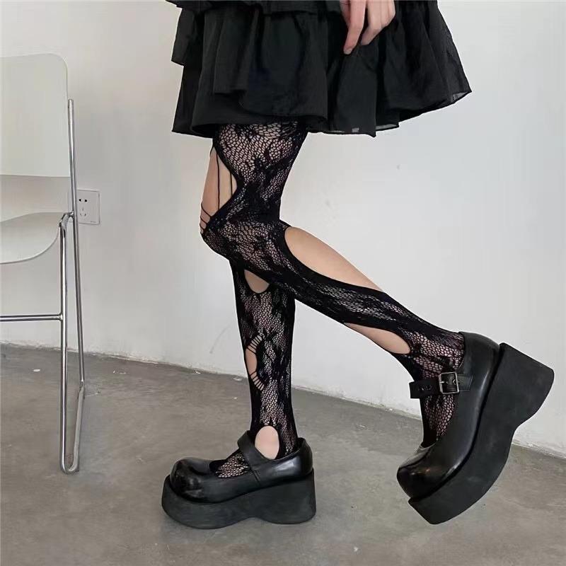 Lolita Hollow Out Flora Lace Mesh Stockings White/Black Retro Floral Rattan Stocking Hot Tights Punk Style Flower Stockings