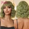 Short Bob Gray Purple Synthetic Wigs with Bangs Curly Cosplay Purple Ombre Wig for Women Afro Natural Wave Hair Heat Resistant