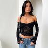 European and American Women's Clothing Summer New Fashion Sexy Babes One-word Collar Long-sleeved Lace Top Women