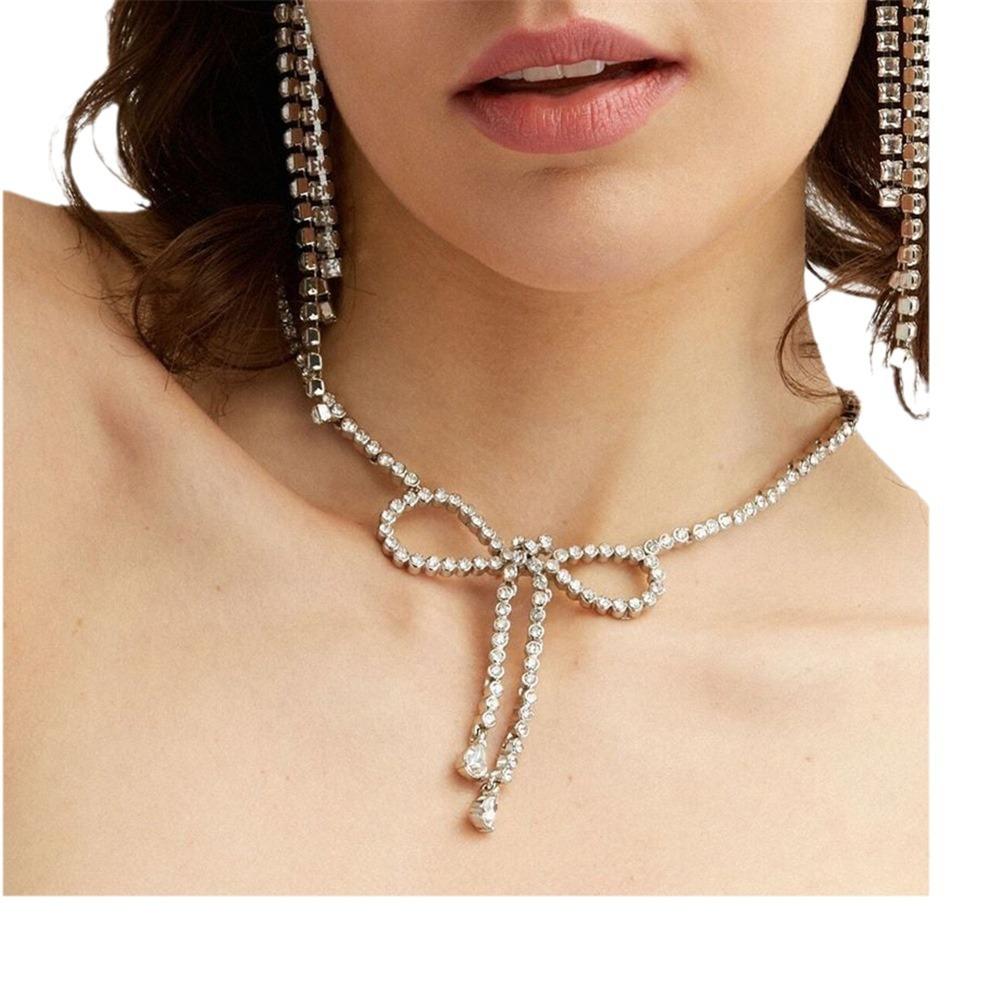 Korean Version Of Light Luxury Super Flash Full Diamond Bow Necklace, Fashionable Temperament Versatile Fairy Short Neck Chain Collarbone Chain Woman