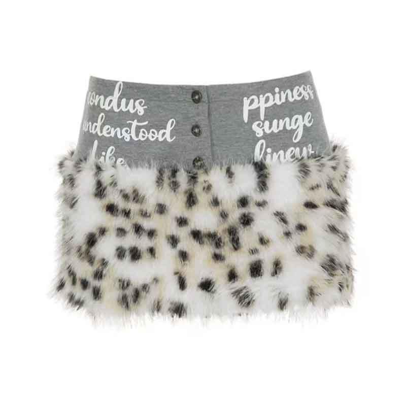 American Retro Leopard Print Fur Patchwork Skirt - Autumn Winter Sweet Spicy Girl Button Skirt Small серый