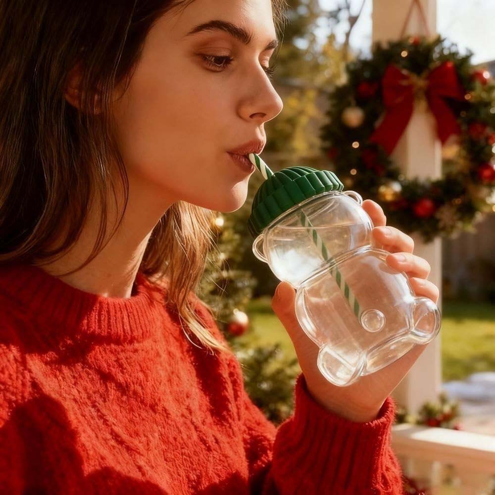 Kreative Bärenbechergläser mit Strohhalm & Deckeln Klarglasbecher für Starbucks Kaffeetassen Milchgetränk Wasserbecher für Weihnachtsgeschenke