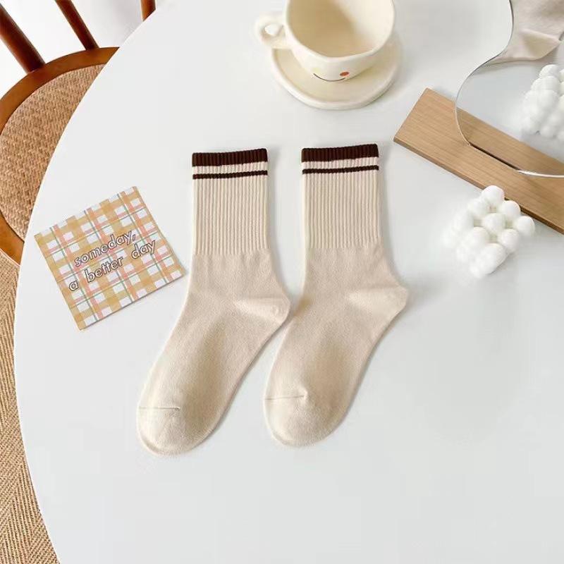 5 Pairs of Socks, Women's Mid-calf Socks, Sports Socks, Striped Two-bar College Cotton Socks, Casual and Breathable