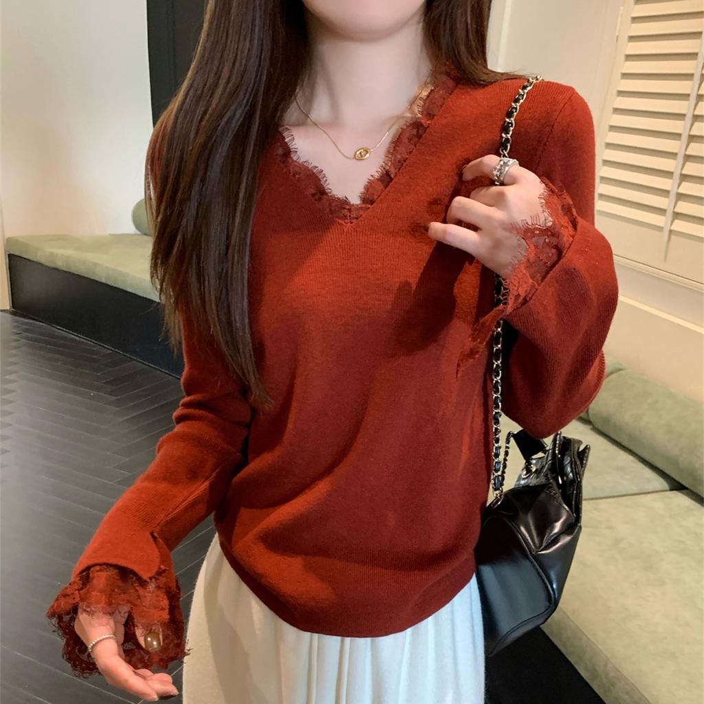 Matakawa Lace Ruffles Woman Sweaters V Neck Autumn Winter Flare Sleeve Solid Pullovers Korean Fashion Elegant Pull Femme