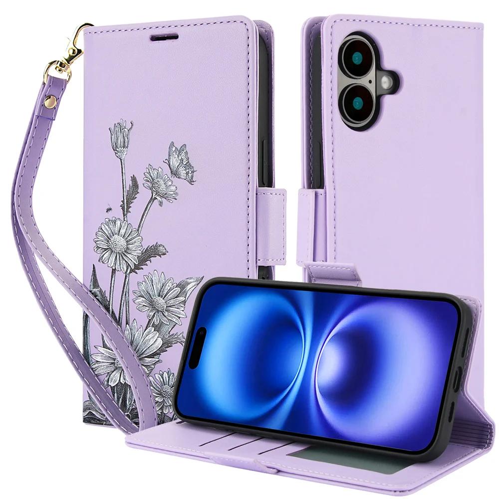 Flip Wallet with Card Holder Phone Case for IPhone 16E 16 15 14 Plus 13 12 11 Pro Max XS XR X 7 8 Wrist Strap Leather Cover