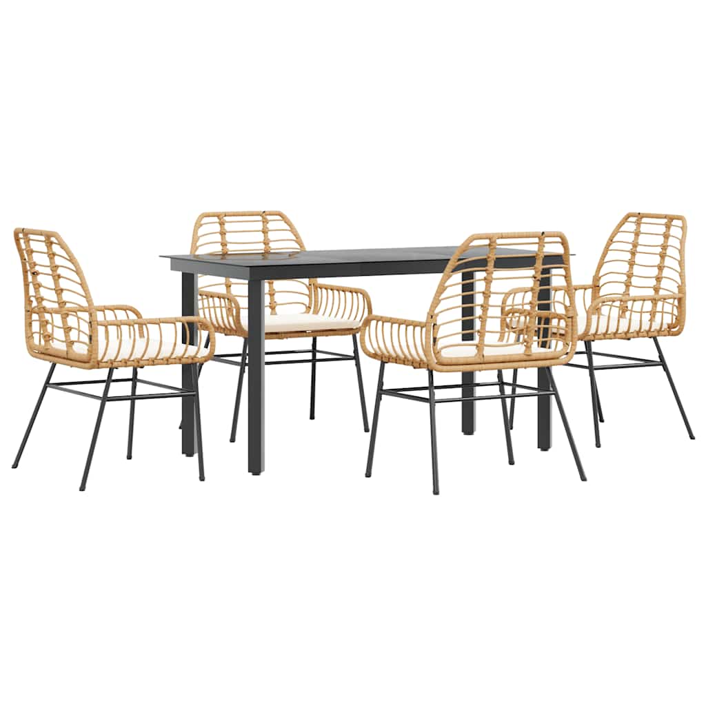 5 Piece Outdoor Dining Set with Cushions Brown Poly Rattan & Glass
