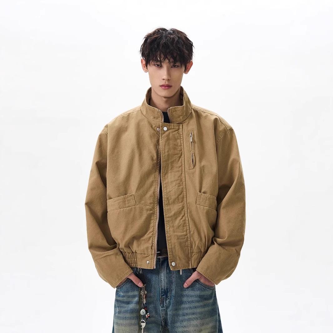 

Unisex American Retro Canvas Bomber Jacket - Washed & Distressed Stand-Up Collar L темно-сірий