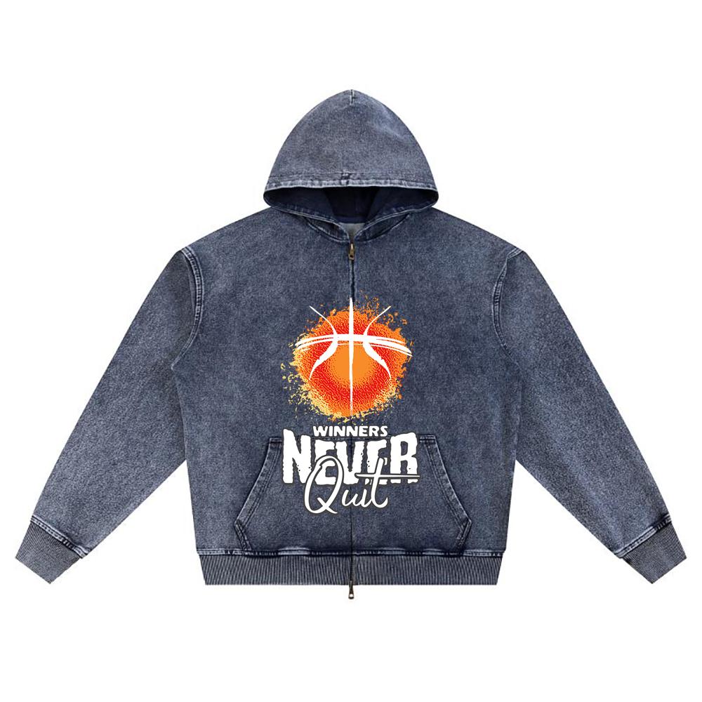 

DTG print Knitted Denim Zip-Up Hoodie Winners Never Quit Brother Print Zipper Hoodies XL темно-синий