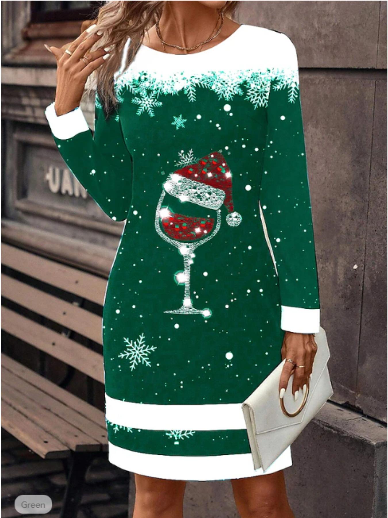 

2025 Autumn and Winter New 3D Snowflake Print and Dyeing Women s Fashion Long-sleeved Round Neck Hip-wrapped Dress XXL зелений