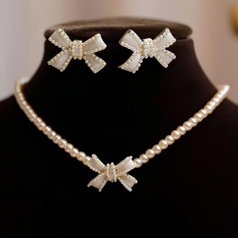 IF ME 3pcs Fashion Minimalist Cute Bowknot Jewelry Set for Women Retro Imitation Beads Necklace Earring Set Party Banquet Accessories