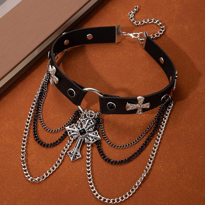 Heavy Industry Red Rose Collar High Sense Choker Cross Necklace Dark Goth Punk Neck Chain Collarbone Chain