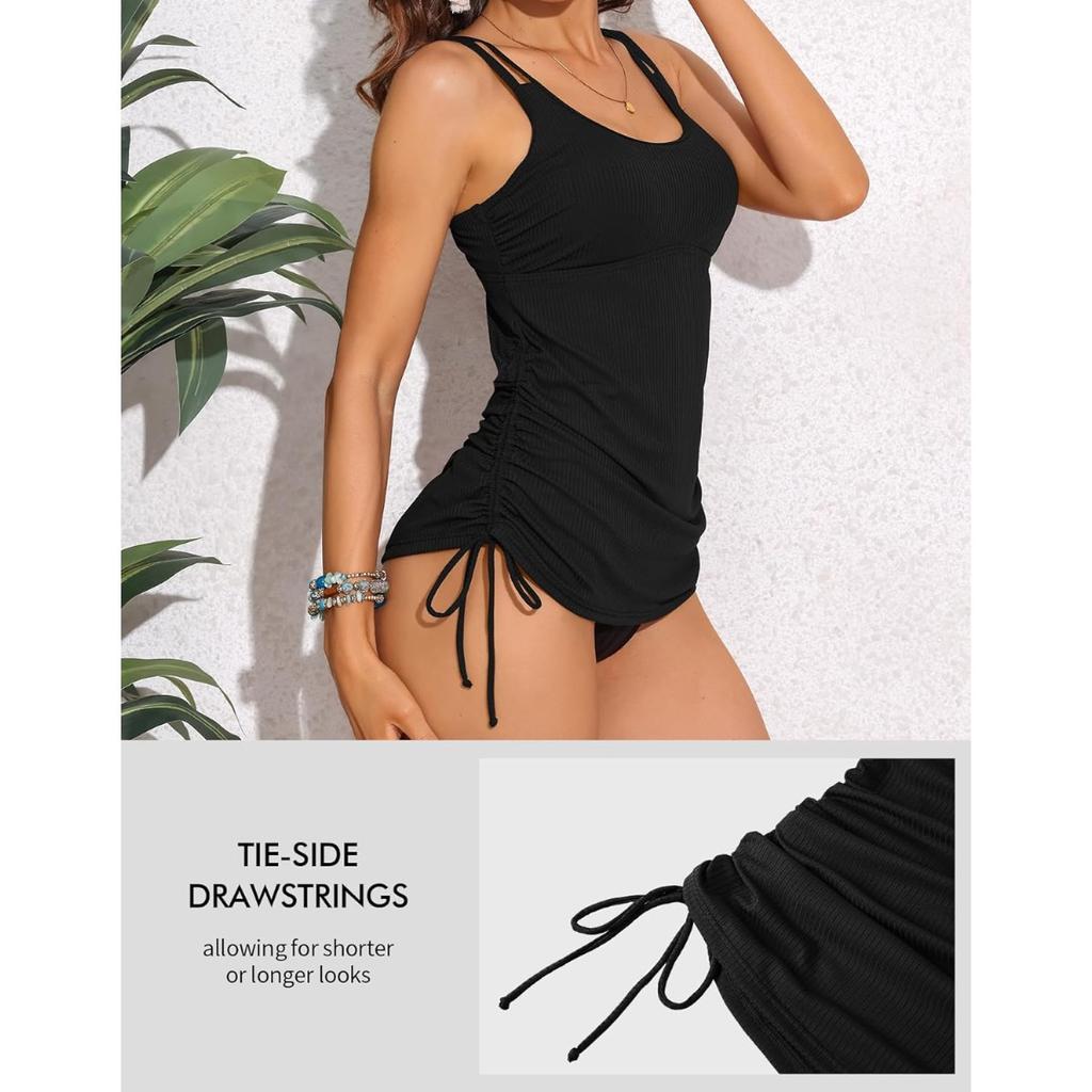 CHARMLEAKS Women's Tankini Top Tie-Side Drawstrings Bathing Suit Top Ribbed Fabric Tummy Control Sporty Swimsuit Top