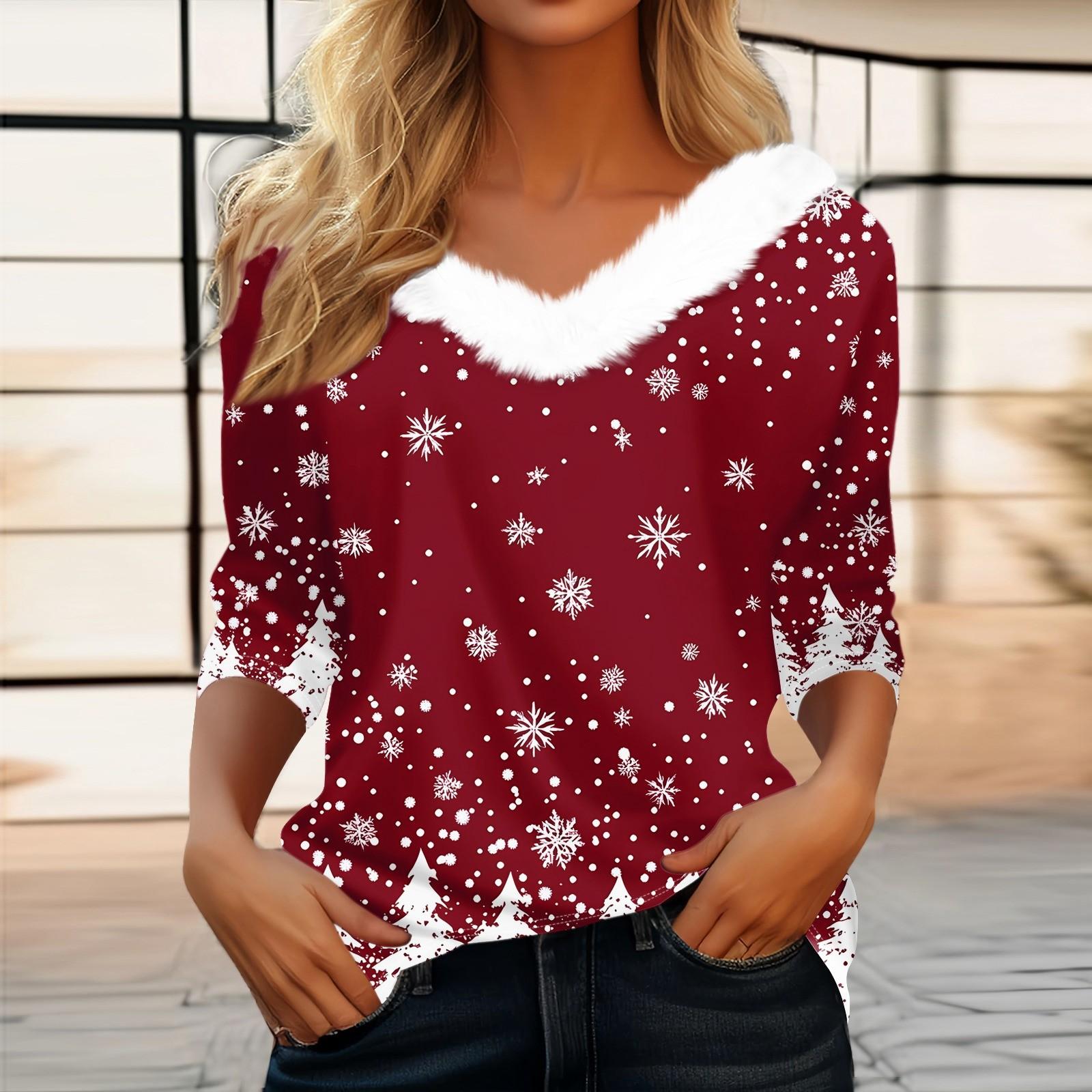 

Женская футболка с рождественским принтом, флисовый воротник с рукавом три четверти и V-образным вырезом на рождественской вечеринке M красный