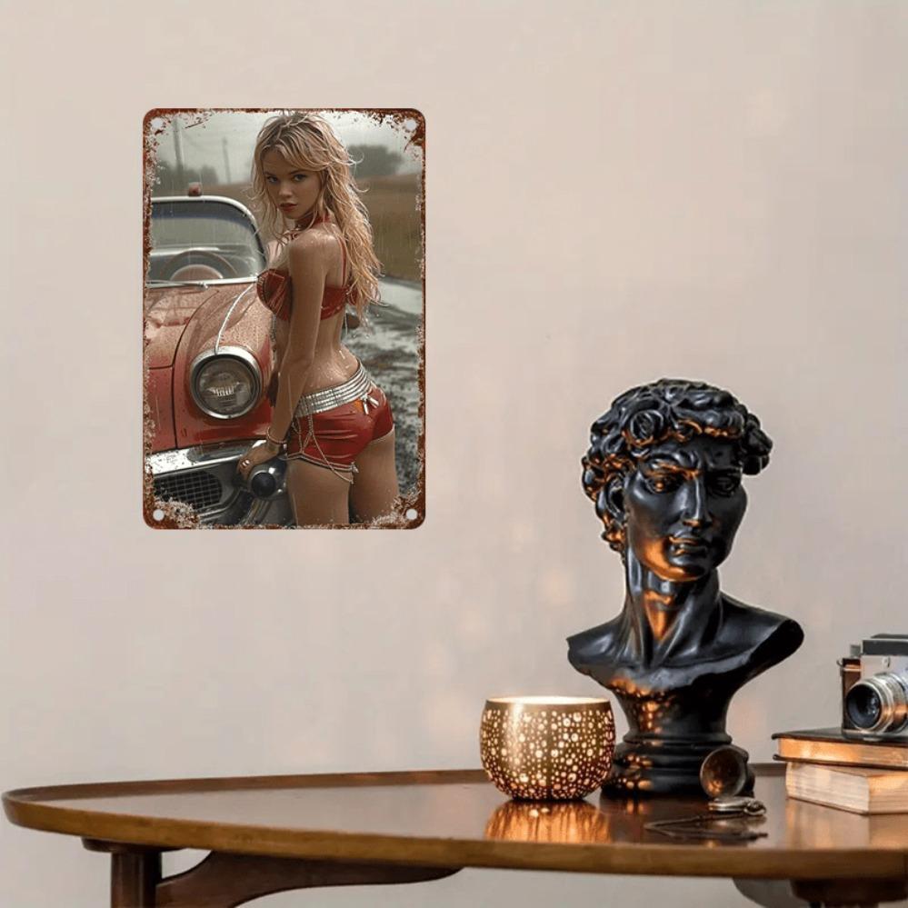 Vintage American Metal Wall Decor 2D Car & Pinup Girl Tin Sign 7.9x11.9 Inch Rustic Aluminum Home Decor for Living Room Bar Gift