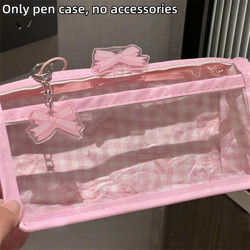 Sweet Bow Zipper Transparent Pencil Case Box Student Stationery Storage Bag Large Capacity Makeup Bag Cartoon Zipper Pen Bag