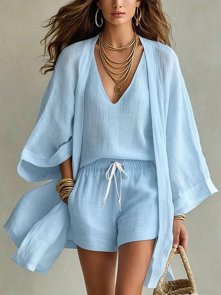 European/American Spring-Fall Three-Piece Set: Loose 9-Sleeve Cardigan, Sleeveless Vest, and Long Pants.