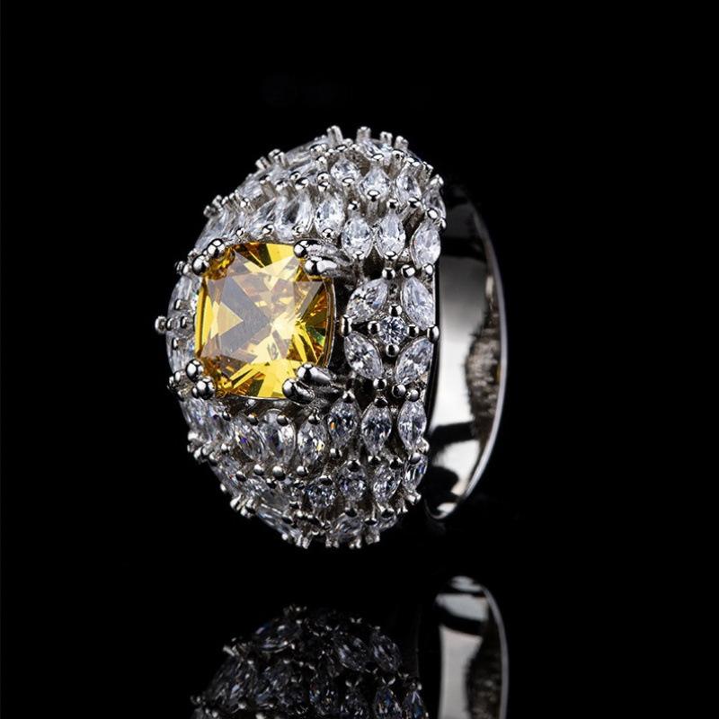 Bright Colored Treasure High Carbon Diamond Ring Light Luxury Cold Wind Exquisite High-End Jewelry Ice Flower Cut Yellow Diamond Ring Women