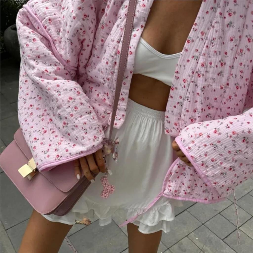 VAYLA Floral Printed Women's Cardigan Cute Lace up Pink Women Coat Casual Loose Autumn Warm Coats Fashion New Ladies Coats Outerwear