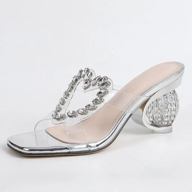Mode Luxus Strass Seltsamer Stil Sandalen Damen Sommer Sexy Transparentes PVC Open Toe Pantoletten Bequeme Bankett High Heels