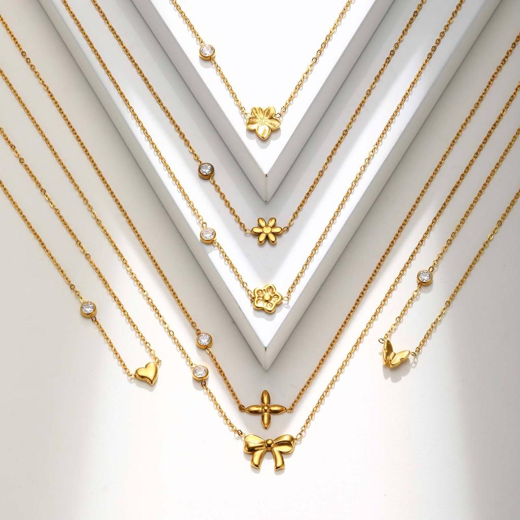 Vnox Women's Exquisite Butterfly Necklace With Single,Zircon Stainless Steel Flower Heart Pendant,18k Gold Plated Neck Jewelry