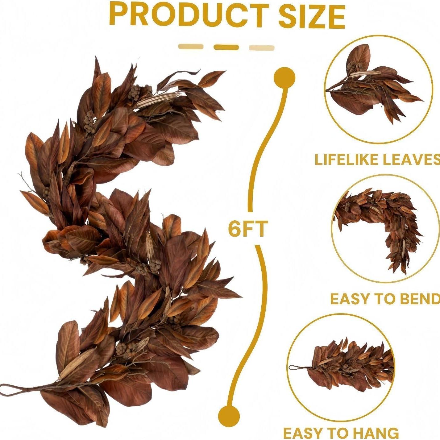 

Коричневая гирлянда из листьев магнолии, осенняя гирлянда из искусственных листьев, деревенские осенние листья для каминной полки, рождественских и праздничных украшений коричневый