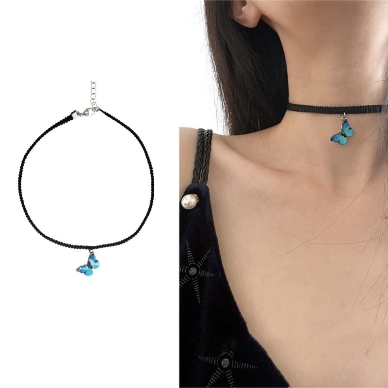 Butterfly Pendant Necklace Dainty Collarbone Chain for Girls Black Rope Butterfly Statement Necklace Eye-catching Gift