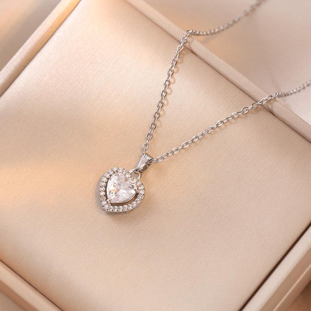 Charm Fashion Pink Heart Zircon Rings for Women Luxury Silver Color Stainless Steel Crystal Necklace Jewelry Set Gift Colorfast