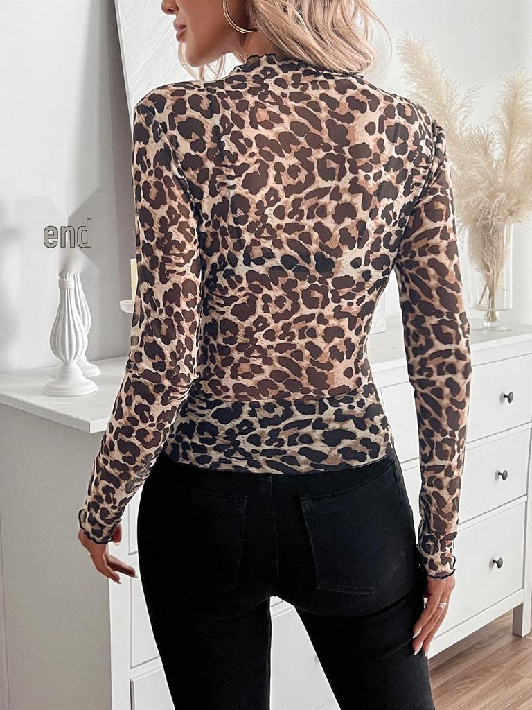 2025 Women's Sexy Leopard Print Mesh Trim Bodysuit Top