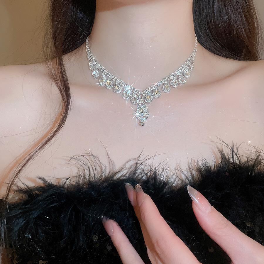 Banquet Luxury Diamond-Studded Water Drop Tassel Earrings & Clavicle Necklace for French Chic Women