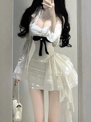 Fransız Dantel Seksi Tek Parça Elbise Kadın Sonbahar Uzun Kollu Akşam Parti Mini Elbise Y2k Kore Moda Tasarımı Tatlı Giyim 2024