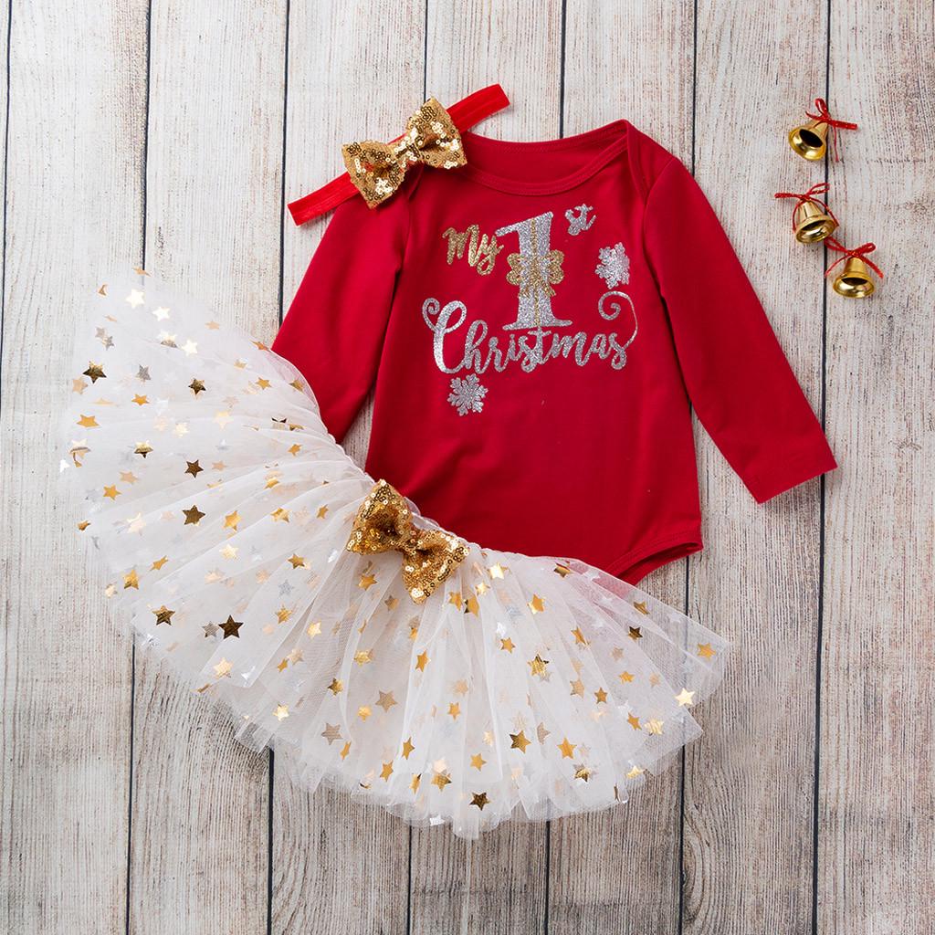 Toddler Baby Kids Girls Christmas Day Romper Tops  Dress Hairband Set