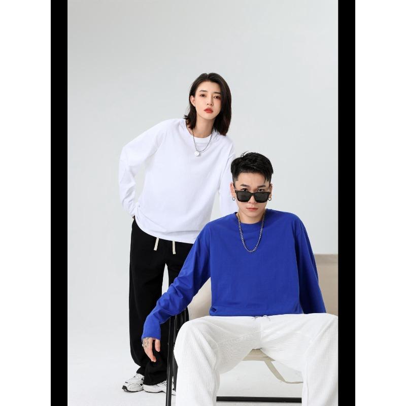 Live Broadcast 230g Heavyweight Pure Cotton Solid Color Long Sleeve T-Shirt with Printed Logo