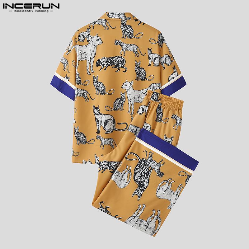 INCERUN Two Pieces Sets Men Short Sleeve Cartoon Print Shirts Pants Casual Loose Outfits
