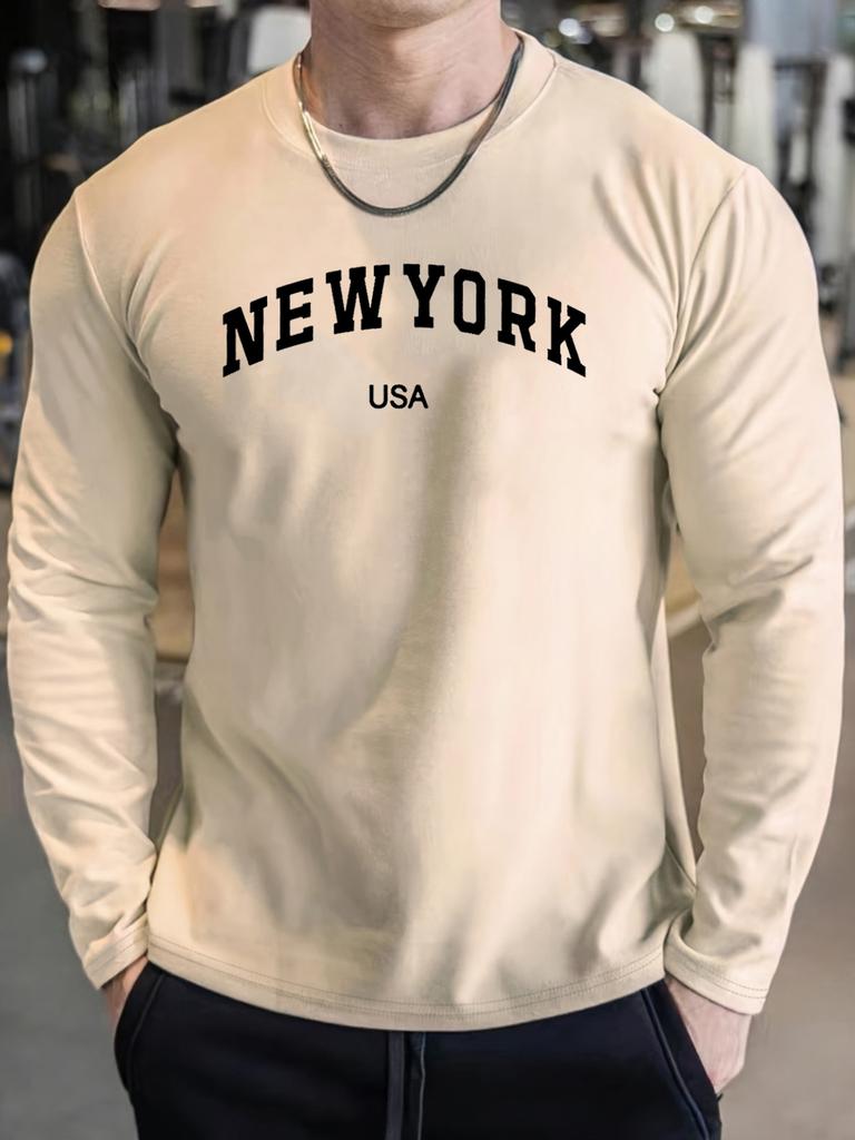 Herren Bequemes Sportliches Lässiges Lockeres Übergröße New York USA Aufdruck Rundhals Langarm T-Shirt Top