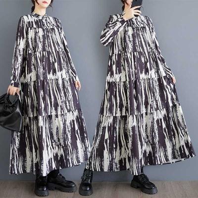New Large Size Loose Thin Fashion Long-sleeved Printed Mid-length Dresses