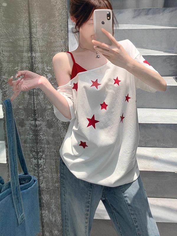 Korean Style Star Print One-Shoulder Camisole Patchwork T-Shirt - Women’s Loose Summer Top
