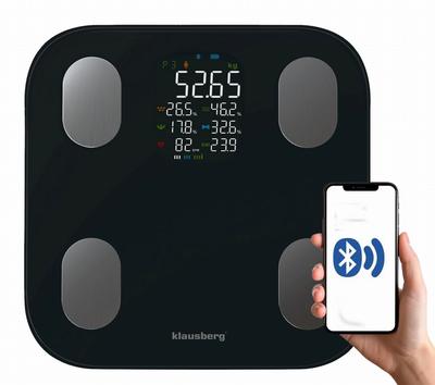 Waga łazienkowa z pomiarem tkanki tłuszczowej i składu ciała, Smart, BT, KLAUSBERG KB-7854 czarna