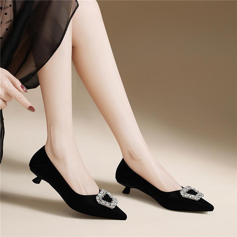 Temperament commuter high heels light luxury rhinestone pointed spring new foreign style versatile inner height increase shallow mouth single shoes
