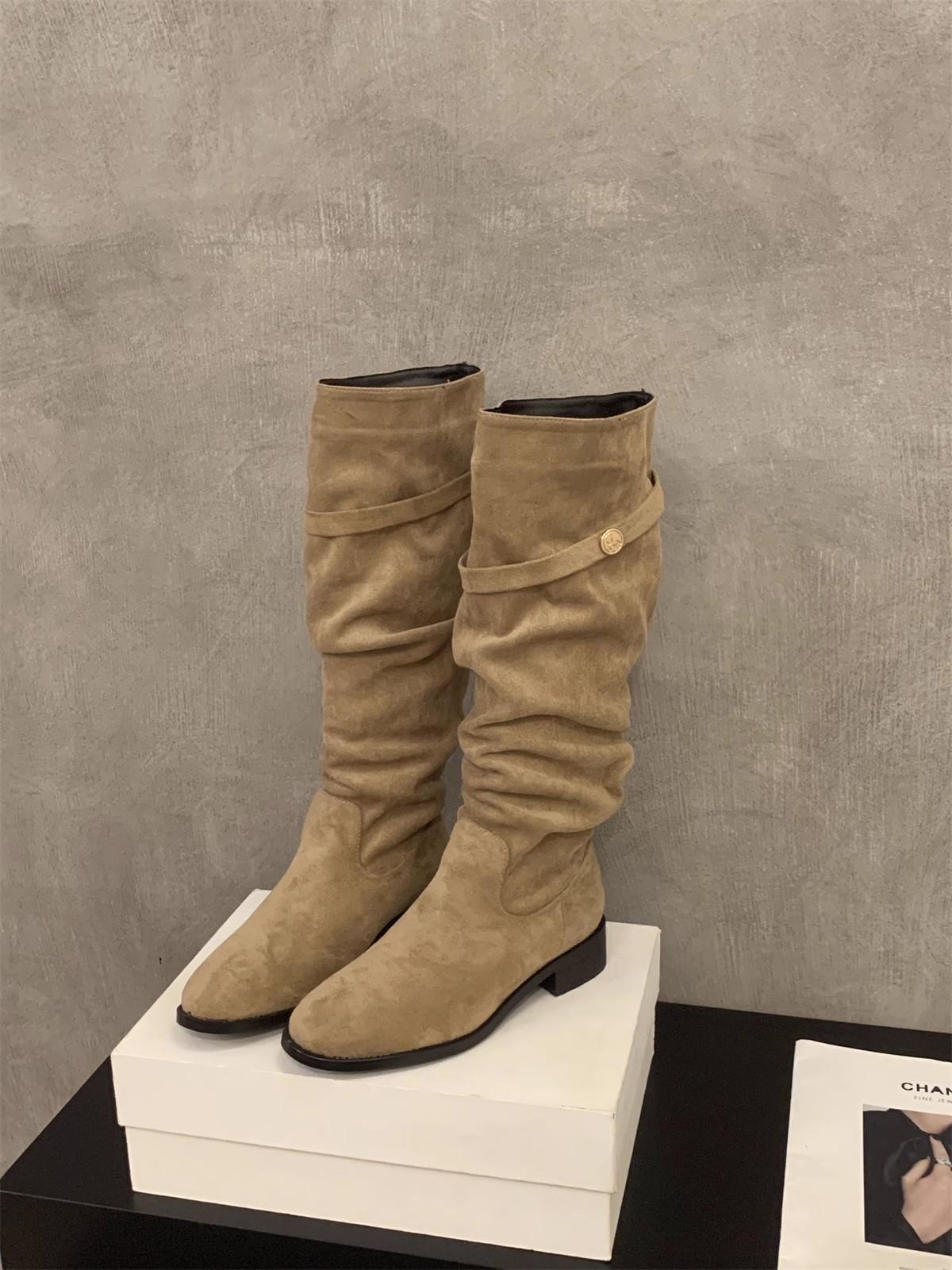 

French thick heel apricot suede piled boots women s shoes 2025 new spring and autumn winter versatile thin long boots 35