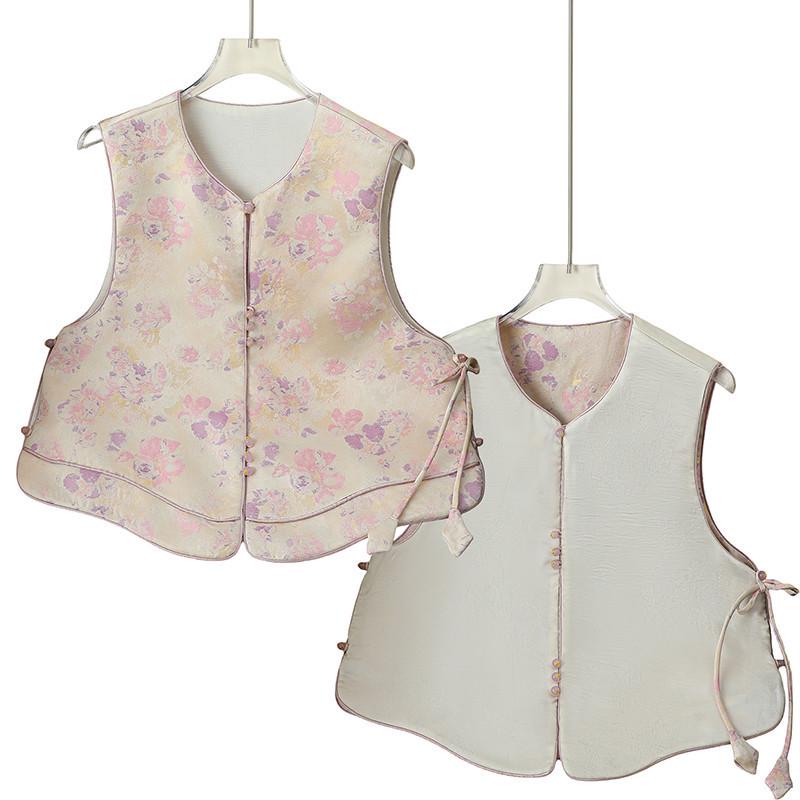 

Modern Chinese-Style Reversible Cross-Collar Vest - Trendy Mother s Day Floral Slim-Fit XL (90-105 kg)