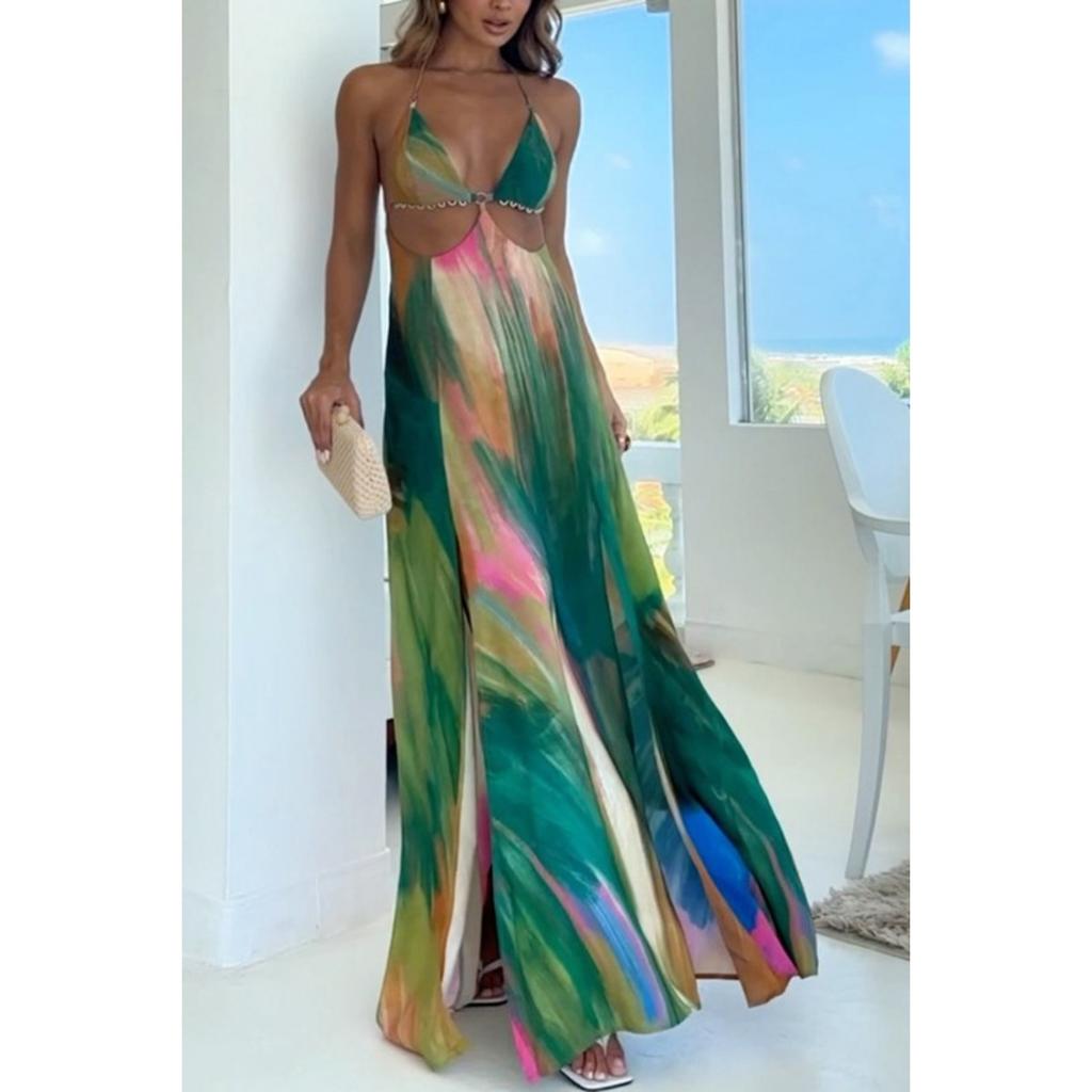 Women's  Summer Sexy Printed Spaghetti Strap Lace Trim Backless Cutout Waist Sleeveless Dress