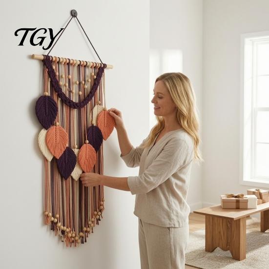 Textured Wall Art for Bedroom Hanging Tapestry, Boho Leaf Decor, Large Tapestry with Wood Beads, Handmade Soft Natural Woven Art, Farmhouse