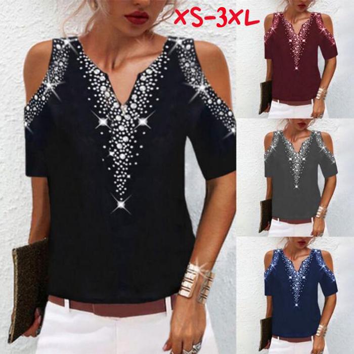 

Лето Новая Мода Женская V-образный вырез Плечо с коротким рукавом Футболка Повседневная печатная рубашка Свободная футболка