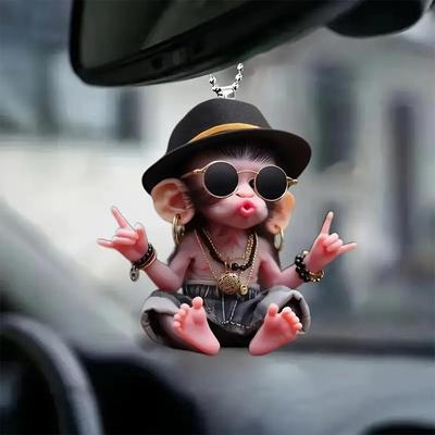 2D Monkey-Shaped Car Pendant Hanging Ornament with Chain Realistic Animal Rearview Mirror Hanging Decor Car Interior Accessories