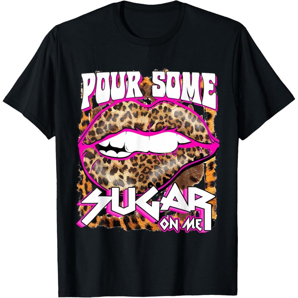 Funny Leopard Hot Pink Lips Pour Some Sugar On Me Valentine Cotton Men T Shirt 4XL чёрный
