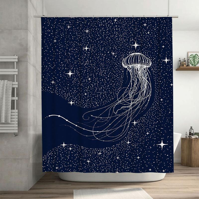Starry Sea Jelly Bath Shower Curtain White Blue Stars Print Home Decor Waterproof Fabric 3D Printing Bathroom Rug Sets Decoratio 90x180cm