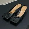 Leather niche design high-end square head bow thin heel slippers women's outer wear summer fashion bag head cool slippers