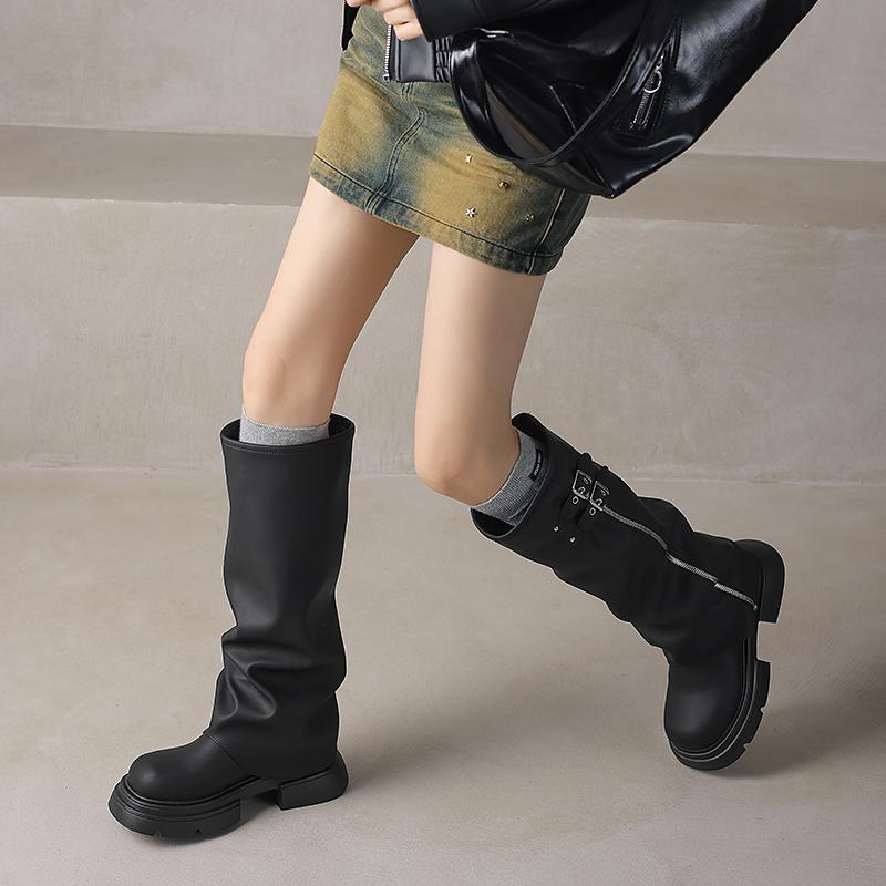 Zipper Turned-over Edge Women's Boots Autumn Round Toe Solid Mid Heeled Water Proof Korean Style Boots  Fashion Ladies Shoes